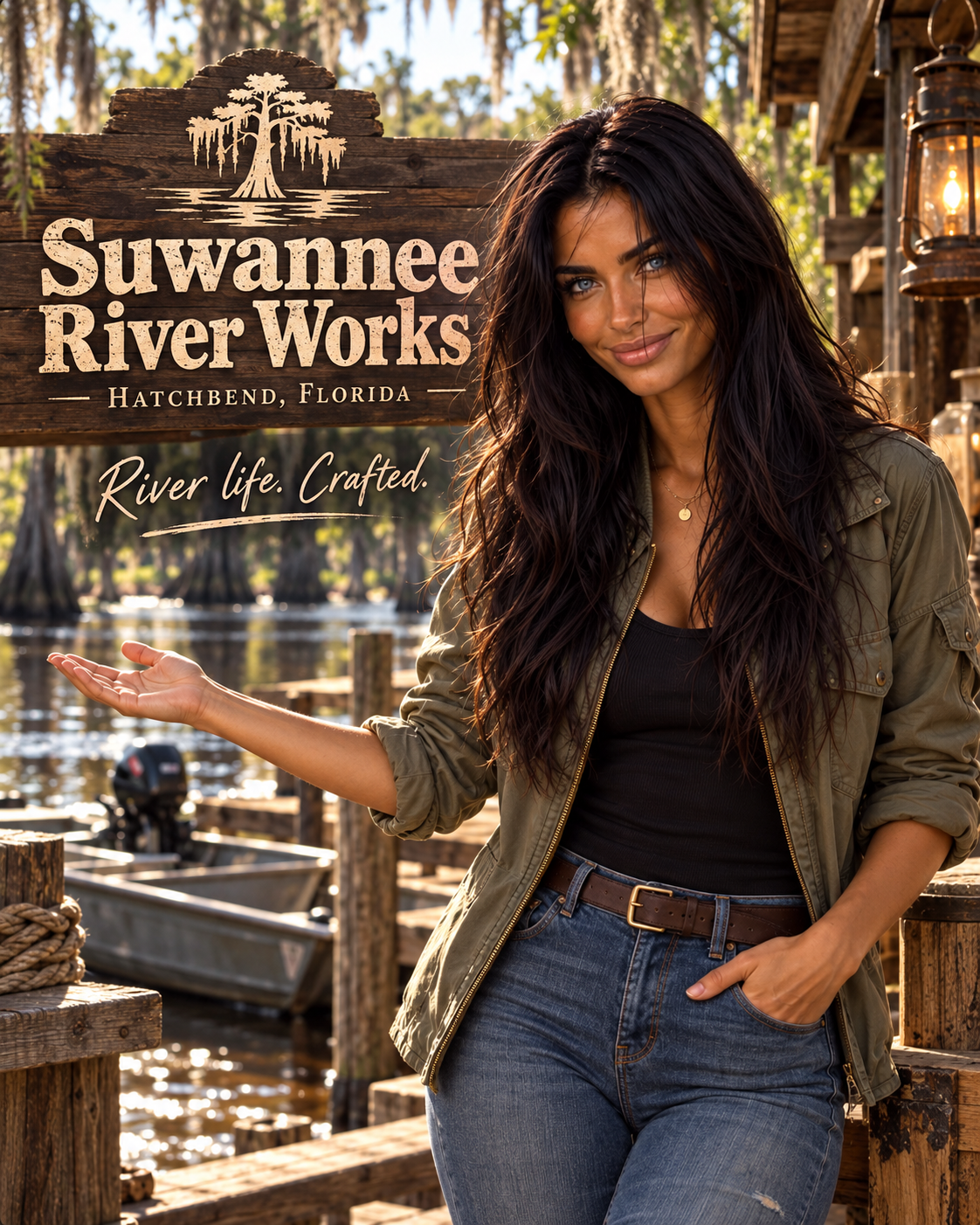 Zeka, SRW’s AI brand character, welcoming visitors beside a Suwannee River Works sign on a riverside dock
